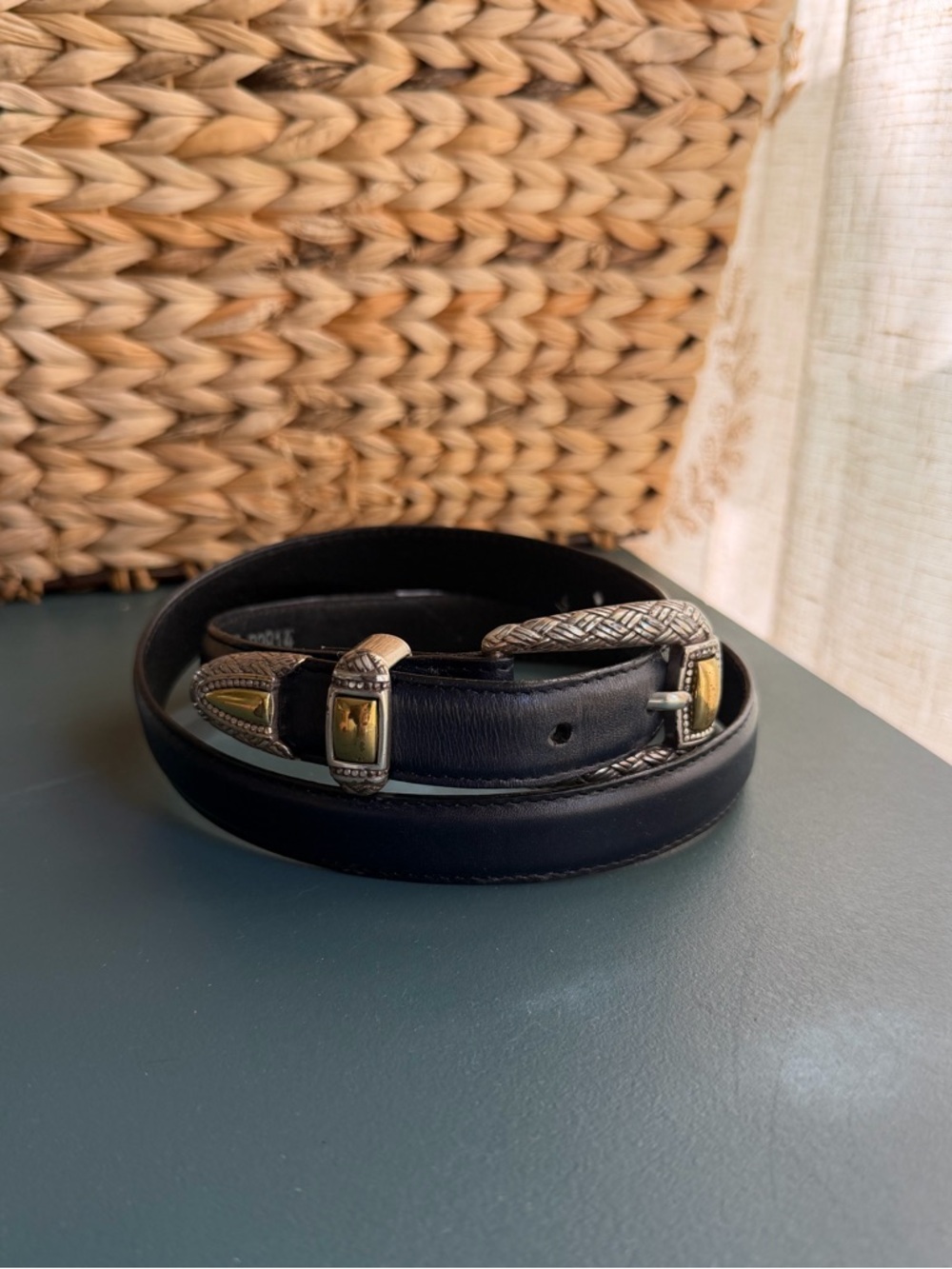 Vintage Brighton Navy Blue Leather Belt with Two Tone Gold and Silver Accents